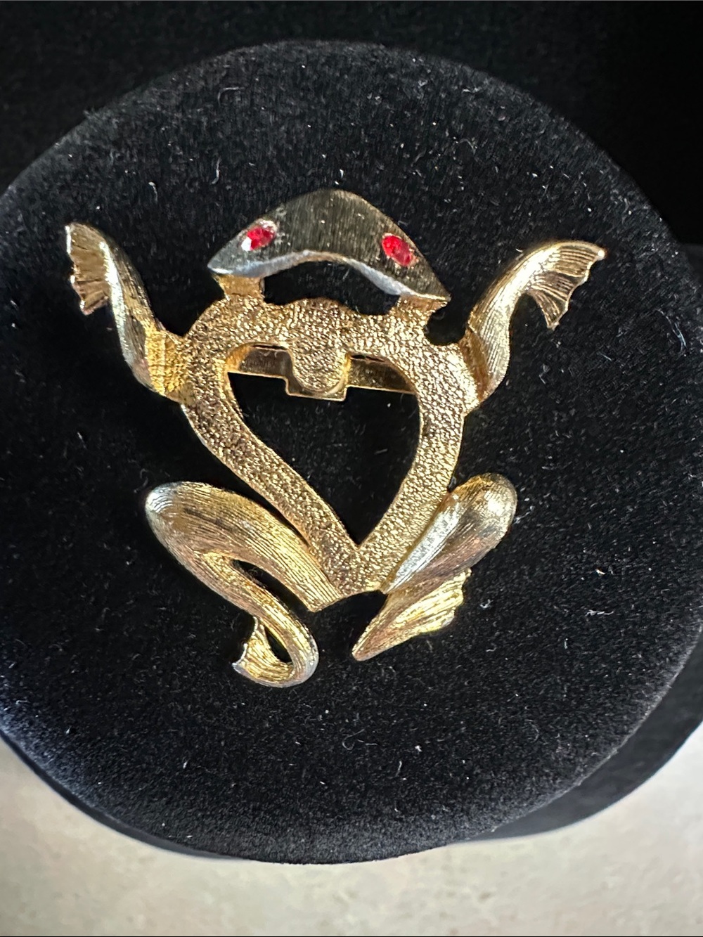 Vintage JJ Gold-Tone Frog Brooch With Red Rhinestone Eyes